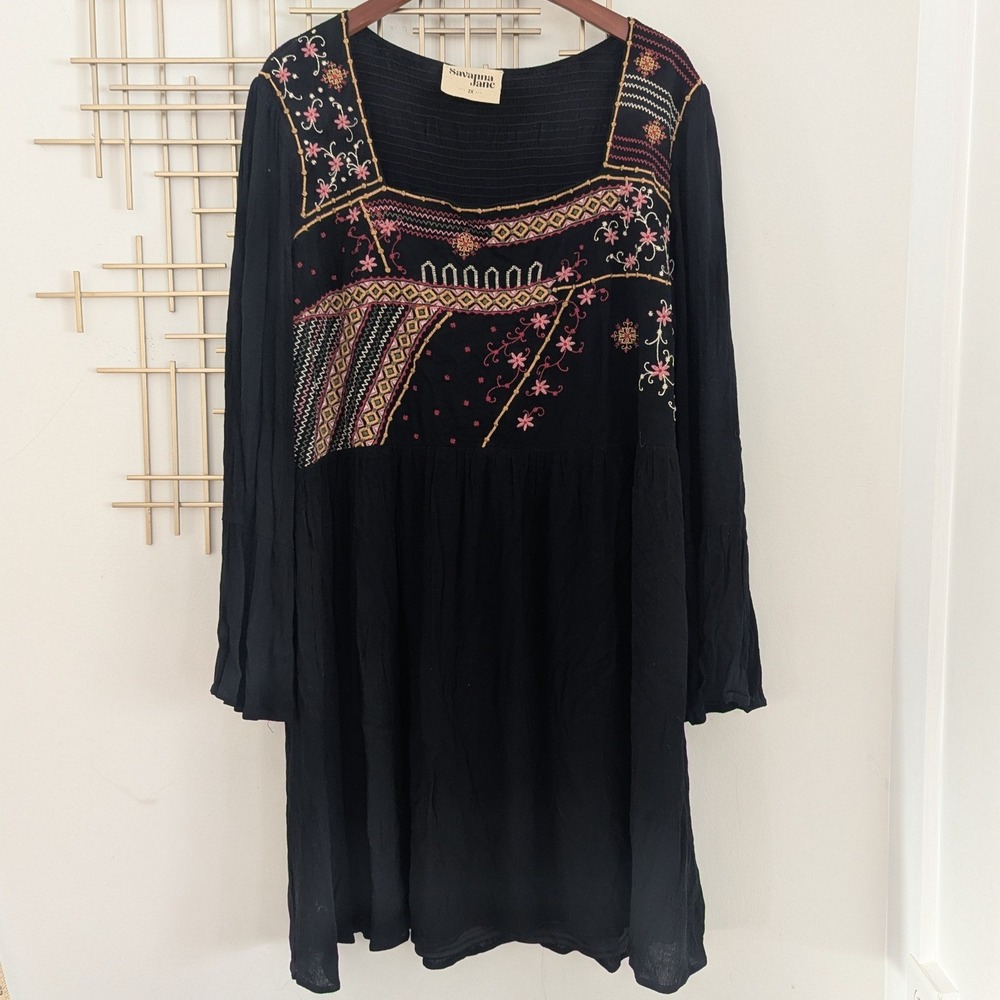 Savanna Jane Black Embroidered Square Neck Bell Sleeve Dress Women's Sz 2X Boho